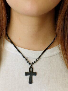 Black Ankh cross necklace with hematite beads 40g 18" without pendant